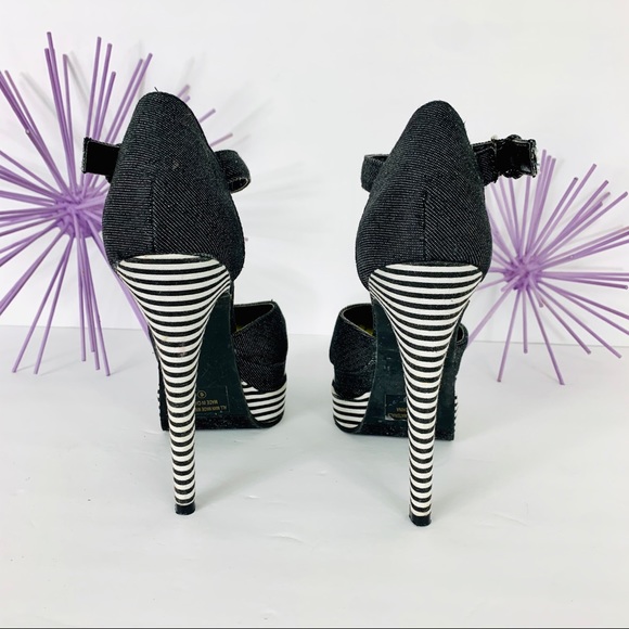 FRH /Black Jean Striped Double Platform Strap Heel - Picture 5 of 9